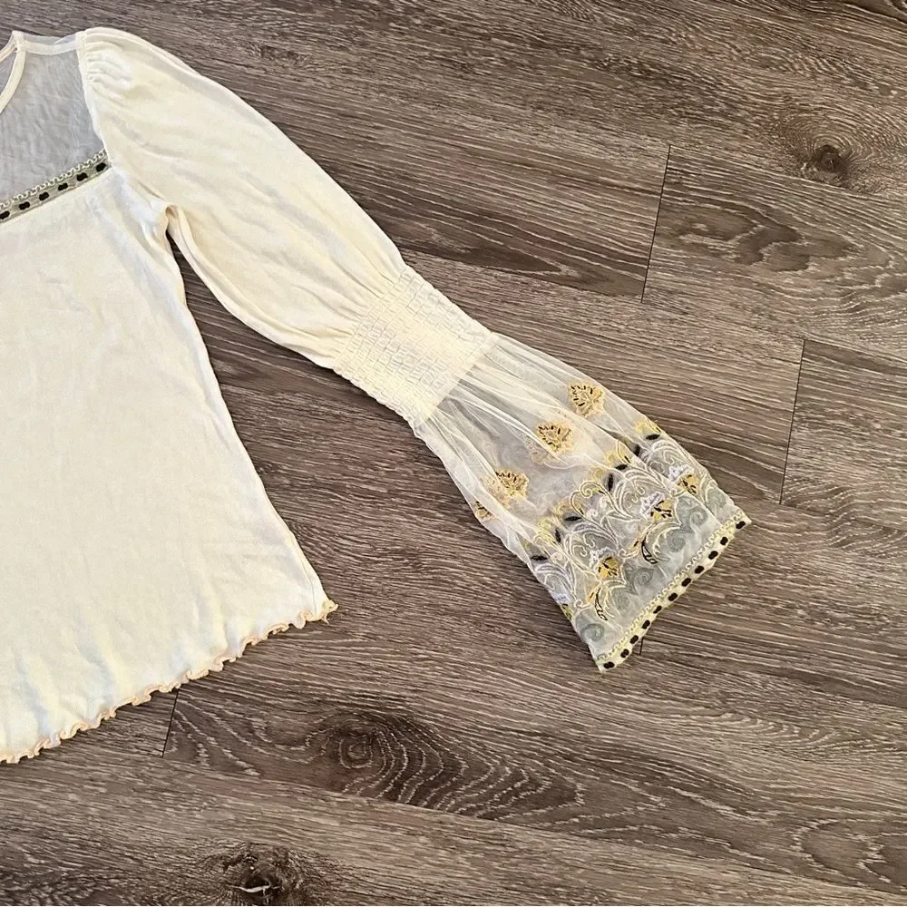 Free People Ivory High Tides Cotton Knit Embroidered Mesh Bell Cuffs Top